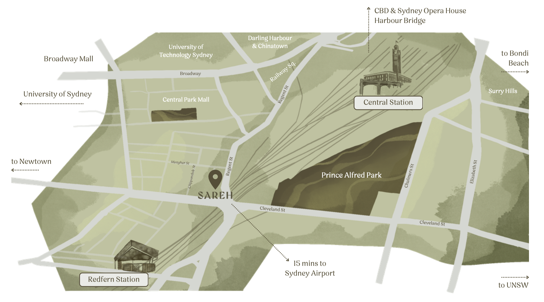 Illustrated map showing Sareh near Redfern and Central stations, Balmain, Sydney